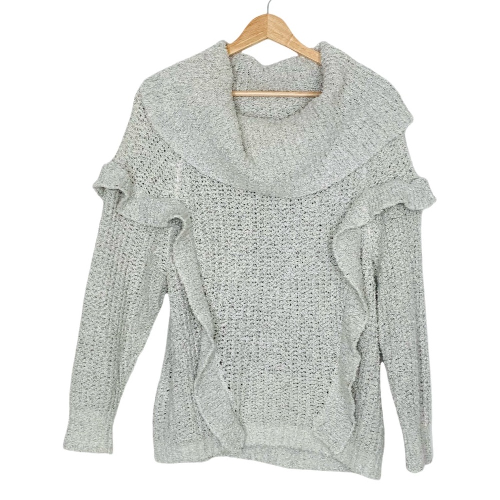 Express Cowl Neck Ruffle Front Sweater Light Gray Medium Chunky Knit Cozy